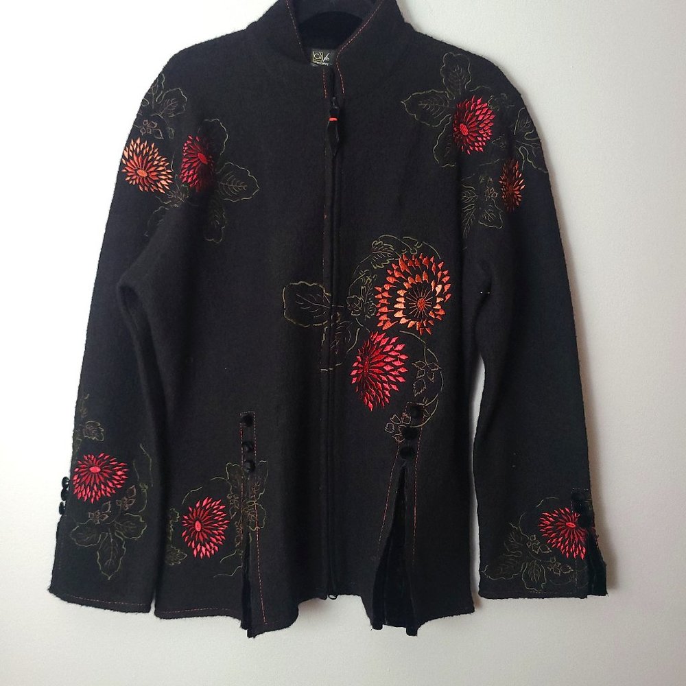 Covelo Black Wool Embroidered Velvet Paneled Grannycore Coat - XL
